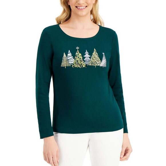 Karen Scott Embroidered Holiday Graphic Lo Spruce Night PM - Picture 1 of 2